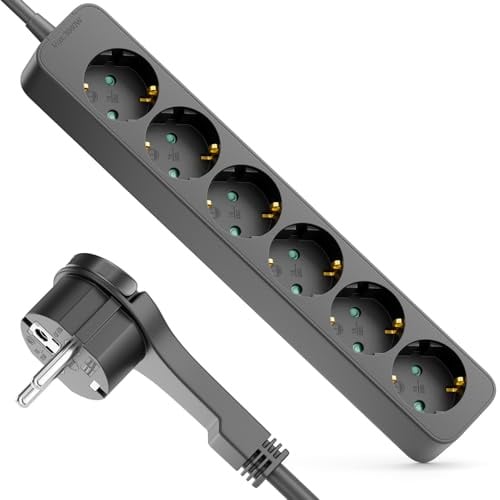 deleyCON 6-Fach Steckdosenleiste Flachstecker 3,0m 3680W 16A - Schwarz