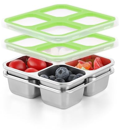 Misichao Stainless Steel Snack Boxes, Green, 2 Pack | Reusable Snack Containers Small Bento Lunch Box for Kids Adults Divided Meal Prep Containers for School Work and Travel