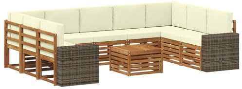 vidaXL Sofagarnituren 10 pcs Natur und Creme Massivholz Akazie, Gartenmöbel, modernes Outdoor-Sofa, gemütliche Sitzgruppe für Terrasse und Lounge, langlebig und bequem