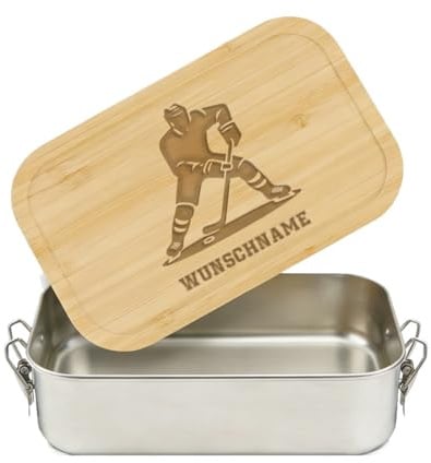 LIEBTASTISCH® Personalisierte Brotdose mit Wunschname - Eishockeyspieler Silhouette Gravur - Edelstahl Eishockey Geschenk Papa Männer Jungen - mit Bambusdeckel - Lunchbox