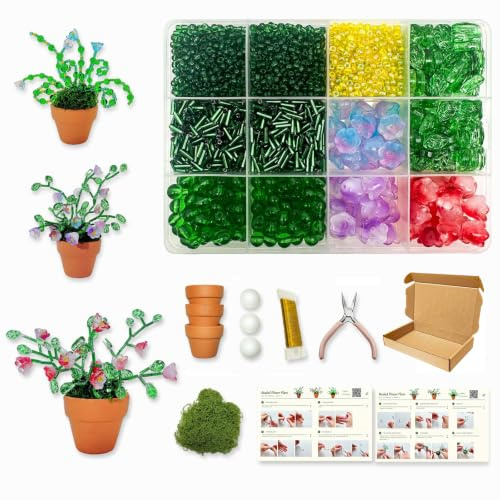 exylosluxek Grüne Perlen Ohrringe Selber Machen Set, Komplettes DIY Perlen Blumen Pflanzen Bastel Kit mit 3 Töpfen für Heimdekoration