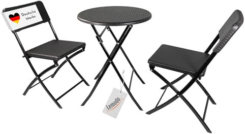 Lemodo Balkonmöbel Set 3-teilig bestehend aus 2X Balkon Stühle und 1x runden Balkontisch, Balkon Set für 2 Personen, klappbares Bistroset in Rattan-Optik, Balkonset