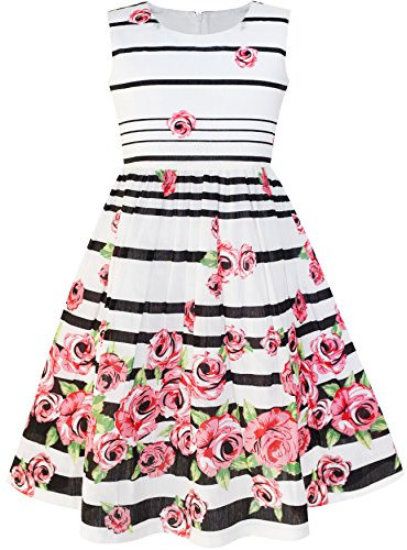 Sunny Fashion Robe Fille Noir Rayé Rose Fleur Robe d'été 11-12 Ans