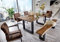 SAM 6tlg. Essgruppe Quentin, Tischgruppe mit 1x Baumkantentisch 160x90cm & -Bank 160x40 cm, Akazienholz massiv + nussbaumfarben, 4X Schwingstuhl/Armlehnstuhl Parzivo in Wildleder-Optik