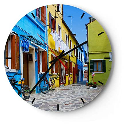 Modern Wanduhr Sonne Tag Fahrrad Straße 30x30cm Rund Klein Wand Uhr Glas Analog Zimmeruhren Küche Büro Wohnzimmer Glasuhr Wall Clock Dekoration Design Wanddekoration Küchenuhr C3AR30x30-2614