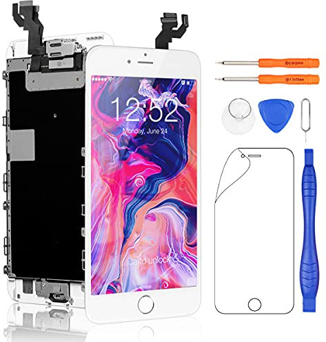 Yodoit Ersatz Für LCD Touchscreen Digitizer Front Komplettes Glas Reparatur Display Weiß Ersatzbildschirm mit Home Button,Hörmuschel,Frontkamera& Näherungssensor für iPhone 6s Plus