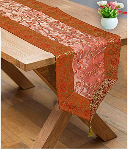 Stylo Culture Dekorativ Ethnisch Tischläufer Orange Pfirsich Blumen Bohemien Jacquard Bestickt Tischdecke Zari Quaste 6 Fuß Für Kaffeetisch Brokat Tissue Stoff Hochzeit Tischdekoration (35 x 182 cm)