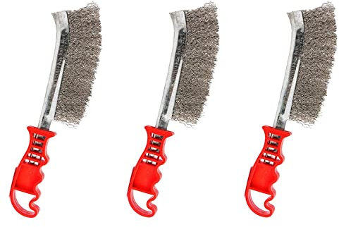 Dapetz ® 3Pcs Hand Wire Brush Set Carbon Steel and Stainles Steel with Red Handle Bristles 10 250mm Long Handled Curved Wire for Cleaning Rust Remover, Paint and Welding Slag