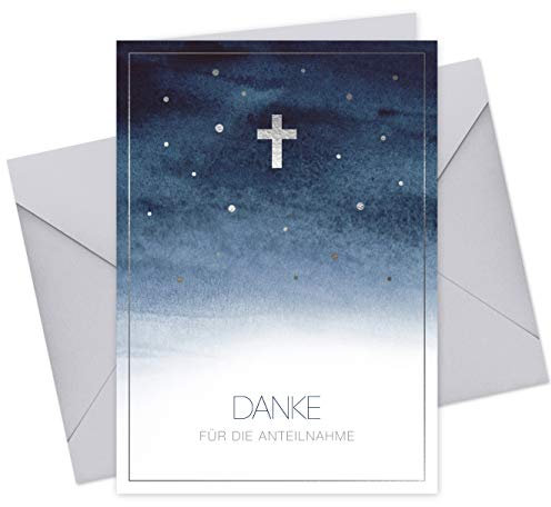 CherryCards FRUITPRINTS 20er Set Dankeskarten Trauer & Umschläge - Klappkarten Danksagung für Anteilnahme - mit Heißfolienprägung Silber - Format A6 (Himmel)