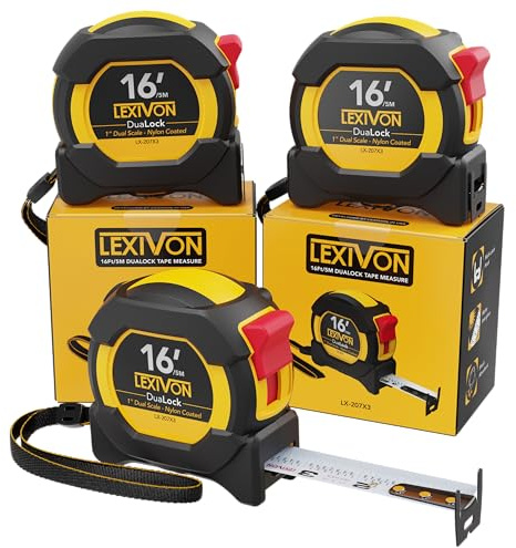 LEXIVON DuaLock-Maßband, 5 m, 2,5 cm breite Klinge mit Nylonbeschichtung, mattes Finish, weiß und gelb, doppelseitiger Linealdruck, Ft/Zoll/Brüche/metrisch (LX-207X3)