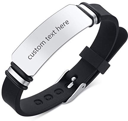 JewelryWe Schmuck Herren Armband mit Gravur, Personalisierte Namen Edelstahl Gummi Silikon Sport Handgelenk Identifikation ID Tag Armbänder Armreifen für Männer Einstellbar Silber Schwarz