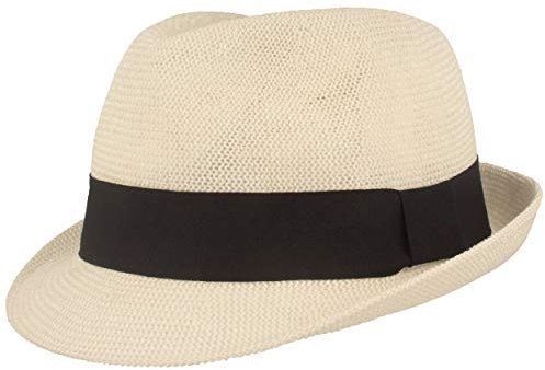 Breiter Strohhut Trilby, Sommerhut, Sonnenhut, knautschbar, einfarbige Ripsband-Garnitur, Hautfreundlich & Bequem, Weiß Uni XL