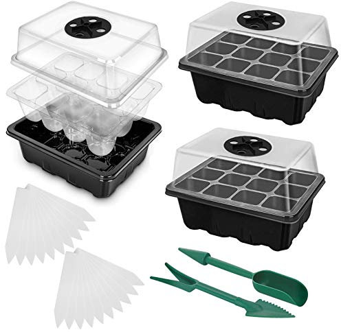Zimmergewächshaus Anzuchtkasten,3 Stück 36 Zellen,Mini Gewächshaus Anzucht Set,Anzuchtschale mit Decke,Treibhaus Kunststoff Anzuchtschalenl,mit 2 Gartengeräte Klein + 20 Pflanzenetiketten