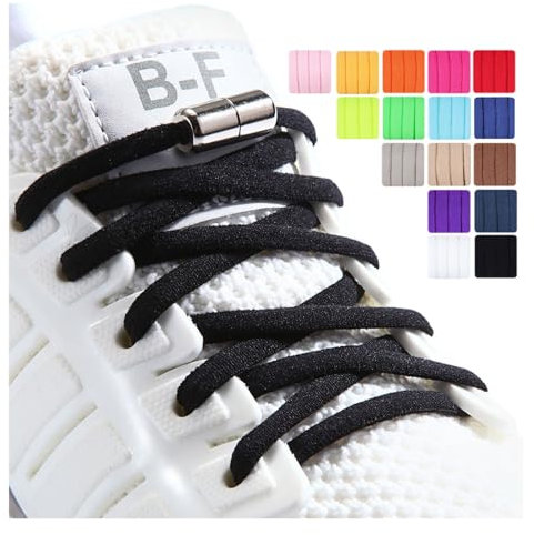 Olukssck Cordones Elásticos Sin Nudo con Hebilla Metal, 2 Pares 105cm Elásticos Cordones para Niños y Adultos, No es Necesario Atar Cordones de Zapatos, Negro