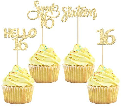 Gyufise 24Pcs Gold Glitter 16th Birthday Cupcake Toppers Sweet 16 Cake Toppers Hello 16 Sixteen Cupcake Picks for 16th Birthday Cake Decorations Supplies