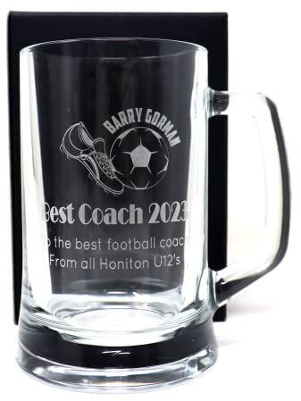 Regalo Personalised Engraved Pint Glass Tankard Beer Mug - Football Design for Boys/Girls Euros/World Cup/Coach/Manager/Birthday (Cardboard Gift Box)