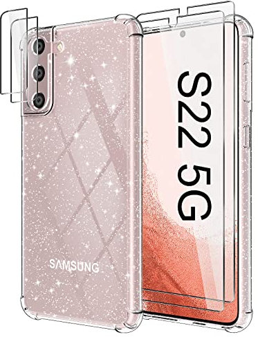 YIRSUR Coque pour Samsung Galaxy S22 5G 6.1 Paillettes, avec 2 Verre Trempé Protection écran et 2 Caméra Arrière Protecteur, Transparent Glitter Etui Silicone TPU Bumper Antichoc Housse