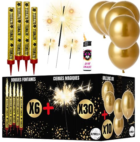 6 Bougie Fontaine 12 CM-45/50 Seconde + 30 Cierge Magique + 1 Briquet Bougie Anniversaire Fontaine + 10 Ballons Or - Feu D Artifice Mariage- Bougies Fontaine - Feu Bengale- Fontaine Lumineuse Gateau