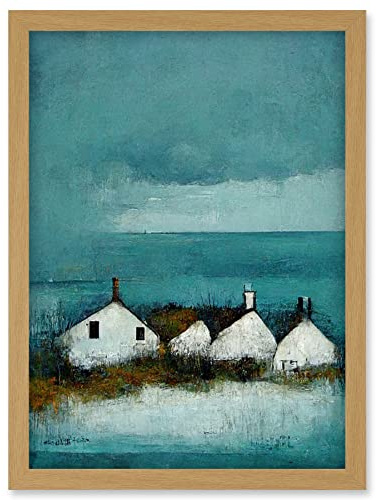 Doppelganger33 LTD Scottish Seascape White Cottages On Teal Artwork Framed Wall Art Print A4