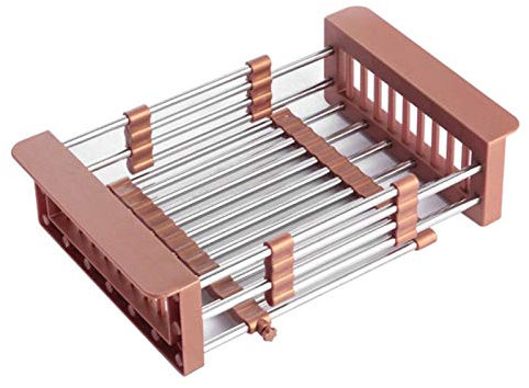 VALINK Stainless Steel Dish Drainer Plate Cutlery Rack,Kitchen Sink Utensil Draining Cup Holder,Telescopic Drain Basket Dishes Drying Rack Kitchen Organizer Rose Gold