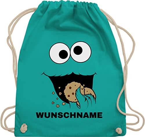 Turnbeutel Rucksack - Karneval Accessoire Fasching - Keks Monster Kostüm mit Name I Krümelmonster I Cookie Monster I Keksmonster - Unisize - Türkis - monsterbeutel karnevals kekse beutel