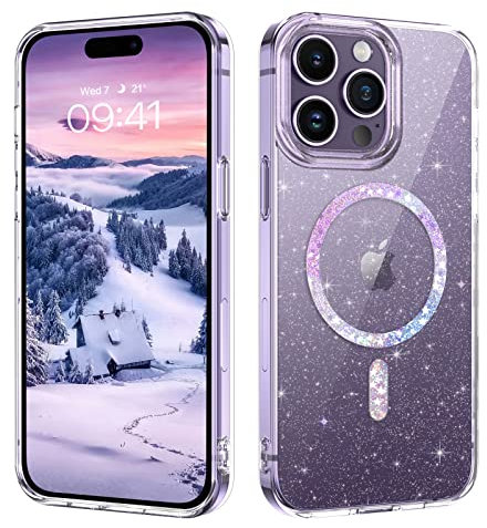 BENTOBEN Phone Case for iPhone 14 Pro Magnetic [Compatible with Mag safe], Clear Glitter Magnetic Protective Cover Slim TPU Transparent Shockproof Bling Sparkly Phone Cover for iPhone 14 Pro