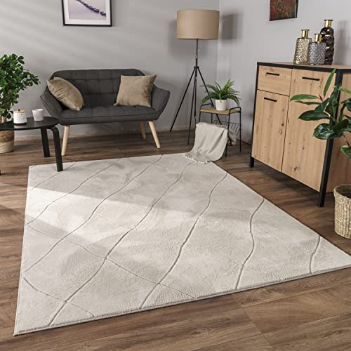 Paco Home Teppich Wohnzimmer Schlafzimmer Kurzflor Modernes Skandinavisches Muster Rauten Motiv Flauschig 3D Grau Anthrazit, Grösse:80x150 cm, Farbe:Creme 2