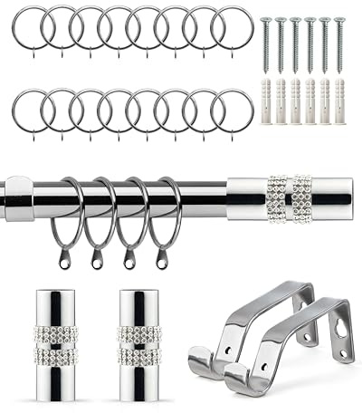 Emma Barclay Extendable Curtain Pole With Finials Rings Brackets & Fittings Sets 16-19mm in Chrome Metal Curtain Poles For Eyelet Curtains Rod - Diamante Collection 1.2m - 2.1m Chrome