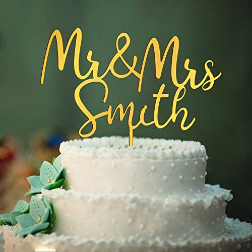 Personalised Wedding Cake Toppers Bride and Groom Anniversary Cake Toppers MR & MRS Wedding Cake Decorations Gold Acrylic Weddings Cake Topper with Any Name(Gold, Mr & Mrs)