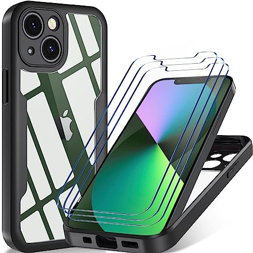 HuiYouMY 【4 in1 Hülle und 3 Glas für iPhone 13, Hülle Stoßfest iPhone 13 Hülle Handyhülle iPhone 13 Glas Hülle(Hülle Weiche Kanten, Hard PC auf der Rückseite)