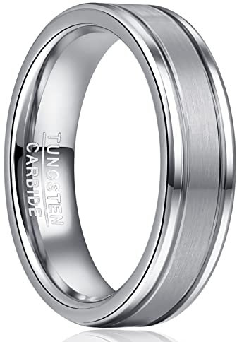 NUNCAD 6mm Ring Herren Silber Wolfram Ringe Verlobungs Ringe für Männer und Frauen Gebürstet Feine Rillen Polierte Kanten Größe 65 (20.7)