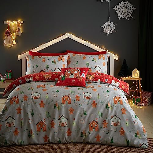 Bedlam Christmas Gingerbread House Duvet Cover – Double Size (200x200cm) – Red/Grey Reversible – 2 Pillowcases – Gingerbread Man Bedding – Festive Bedroom Set
