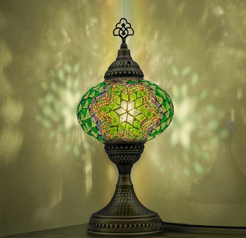 VALVELLO | Lámpara de Mosaico | Verde | Turca Marroquí, Estilo Tiffany, Vintage, Lámpara de Mesa Decorativa de Vidrio para Dormitorio, Regalo para Días/Persona Especial
