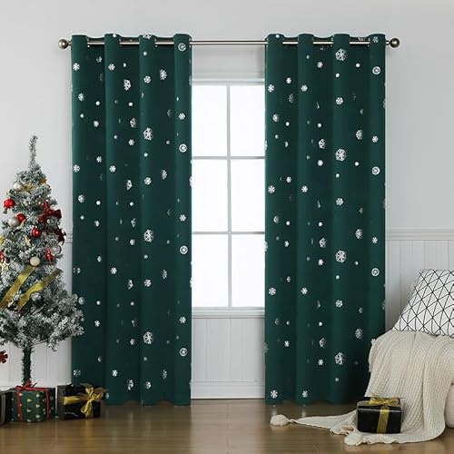 YURRO Snöflingetryck julgardin öljett fönster mörkläggningsgardin för vardagsrum sovrum, värmeisolering ljusblockerande fönsterbehandling (grön, 107 x 213 cm)