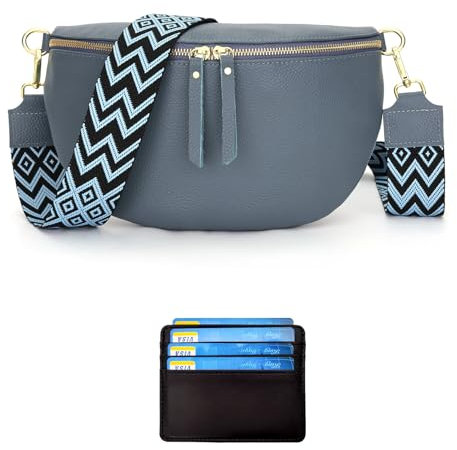 RQJZ Groß Bauchtasche Damen umhängetasche Damen mittelgroß Echtleder Crossbody Bag Damen stylisch gürteltasche Damen mit 5cm breiter Gurt Graublau