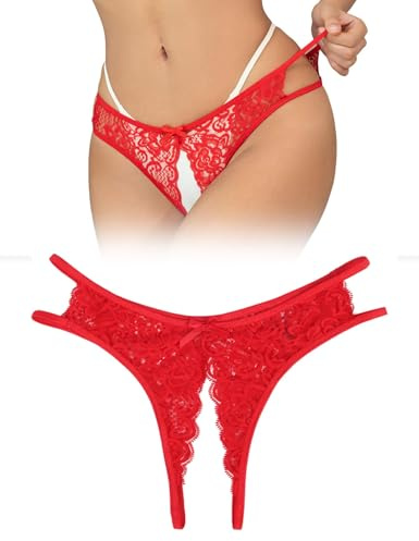 ohyeahlady Womens Stretchy Lace Knickers Sexy Lingerie Side Hollow Out Hipster Panties Bow Tie Bikini Briefs Red