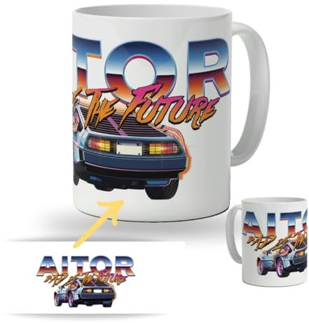 DEREGALOOS Taza de cerámica Personalizada para Padres. Taza Personalizada Regalo día del Padre. Regalo Original Personalizado para hombre. Tazas divertidas con frase. (Dad of the future)