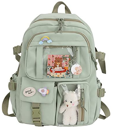 Kawaii Rucksack mit Anhänger, großes Fassungsvermögen, niedlicher Bär, Zubehör, Rucksack für Schule, mehrere Taschen, Rucksack für Teenager, Mädchen, niedlicher Kawaii-Schulrucksäcke, grün