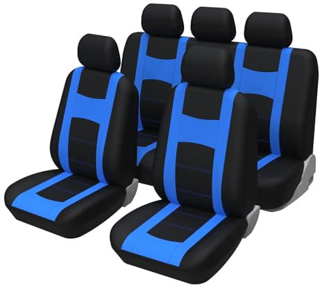 EvshBea 9 Stück Universal Autositzbezüge, Sitzbezüge Auto Für 5 Sitzer, Autositzauflage Set Seiten-Airbag-kompatibel, Waschbar, Leicht Anzubringen, Auto-Zubehör Innenraum (Blau)