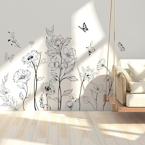 Runtoo Wandtattoo Boho Blumen Wandaufkleber Schwarz Retro Blumen Pflanzen Wandsticker Wohnzimmer Schlafzimmer Kinderzimmer Babyzimmer Wanddeko