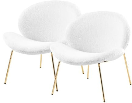 Qiyano Lounge Stuhl 2er Set Weiß - Bouclé-Look - Teddy - Modernes Gold- oder Silbergestell - Elegante Wohnzimmer- & Büromöbel - Komfortable Ovale Sitzfläche…