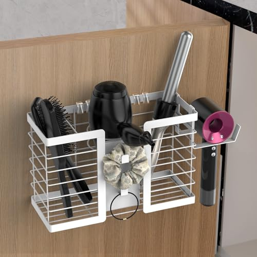 FUNKYLEE Badezimmer-Organizer und -Aufbewahrung, 3-in-1-Metall-Wandhalterung für Glätteisen, Lockenstab, Haarglätter, Haarpflege- und Styling-Werkzeuge, Weiß