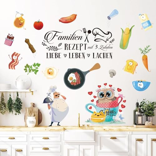 30 Stück | Wandtattoo Küche mit Sprüche Selbstklebend | Eule Koch Kaffee Tasse Gemüse Wandaufkleber | Essen Lebensmittel Wandsticker Wanddeko Geschenke für Küche