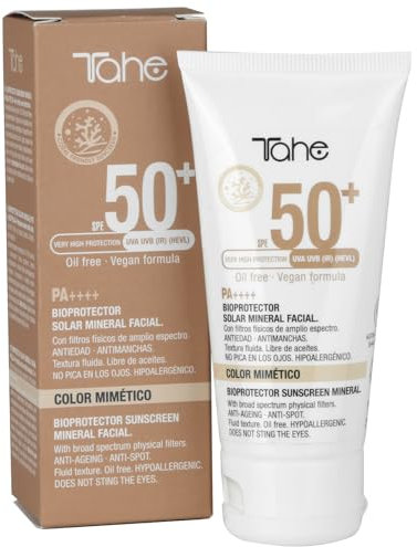 Tahe Mineral-Sonnenschutz für das Gesicht mit mimetischer Farbe, 0% chemische Filter und Konservierungsstoffe, LSF 50+, 50 ml