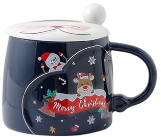 PLUSHCEWT Tasse à Café de Noël, Tasse à Thé en Céramique, Tasse de Noël avec Couvercle Cadeau de Noël avec Eléments de Noël, 410ml (Bleu)