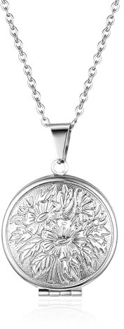 JewelryWe Foto Medaillon Halskette für Damen: Silber Edelstahl Vintage Blumenmuster Runde Photo Bilder Amulett zum Öffnen Anhänger Kette mit Gravur Geschenk für Frauen Mutter Tochter