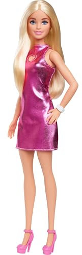 Barbie Fashionistas-Puppe Nr. 230 mit blondem Haar, rosa Metallic-Minikleid mit Herz-Aussparung, weißem Armband und High Heels, HYT88