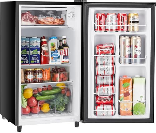 Sweetcrispy Mini Fridge Freezer 3.2 Cubic Metres, Small Refrigerator, Adjustable Thermostat with One Door, Low Noise Compact Fridge for Bedroom, Office, Bedroom
