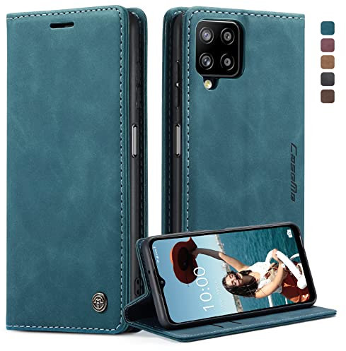 owlhold Handyhülle für Samsung Galaxy A12/M12 Hülle, Premium Lederhülle Weiches Vintage-Nubukleder Faltbare Ständer Klapphülle Kartenfach Standfunktion Schutzhülle für Samsung A12/M12 -Blaugrün