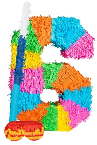 Fax Potato Nummer 6-Piñata-Set mit Stab und Augenbinde - Blauer Stick - Mexikaner Kinder Mädchen Jungen Geburtstagsfeier Parteien Spiele Dekorationen Bausatz